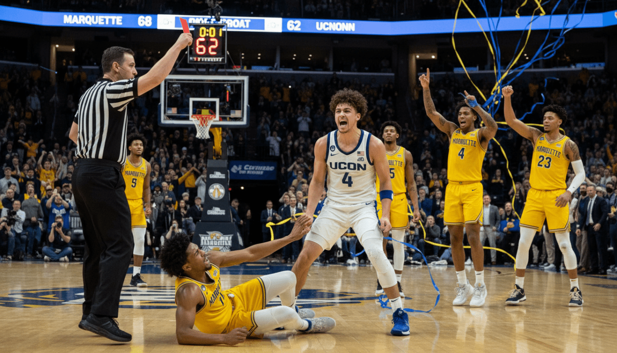 revivez la victoire intense de marquette 68-62 contre le n°4 uconn, marquée par l'expulsion spectaculaire de hurley dans la dernière seconde du match.